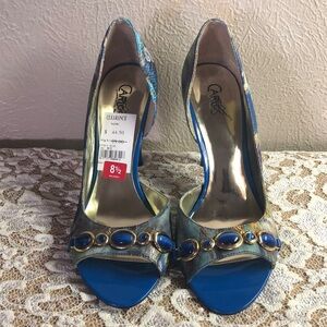 Carlos by Carlos Santana Blue and Gold Peep-Toe Heels